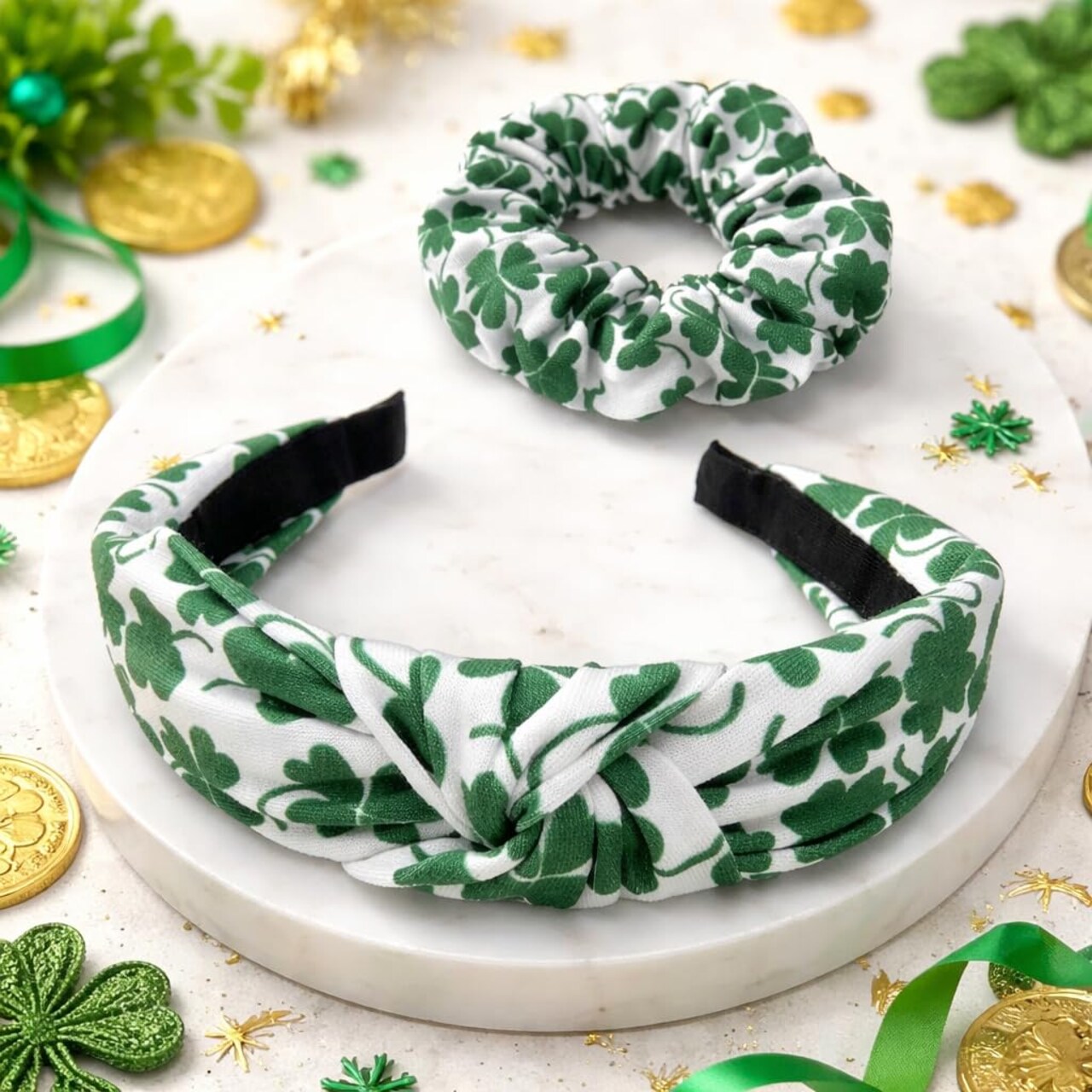 Green Clover Headband & Scrunchie Set – Shamrock Hair Accessories for Women & Girls, St. Patrick’s Day Style